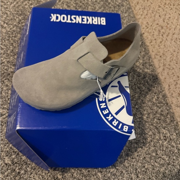 Birkenstock London Light Gray Suede Clogs - Picture 1 of 3